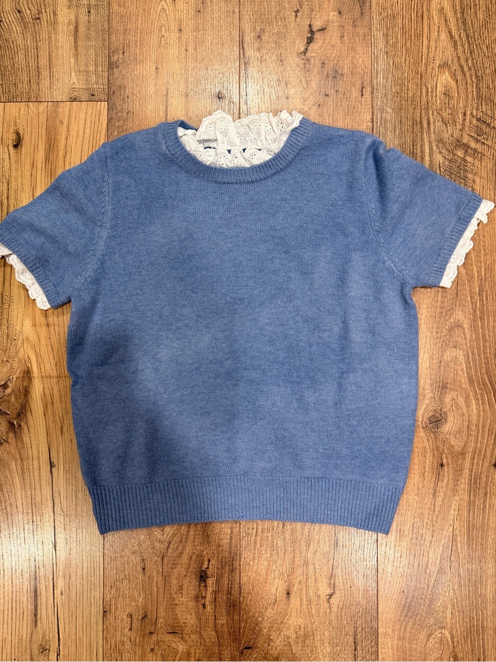 Women’s  Blue Short-Sleeve Knit Top with Lace Trim